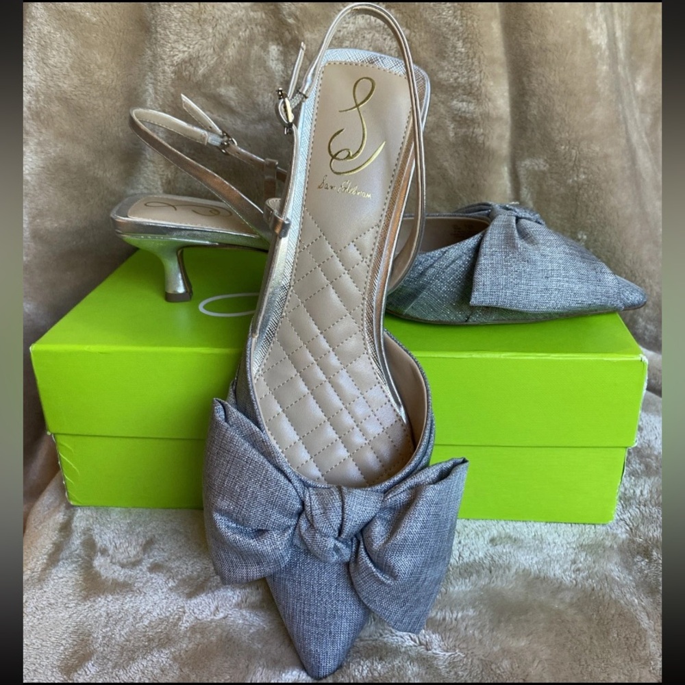 NIB Sam Edelman Women's Treena Silver Bow Sling Back Pumps Sz 10